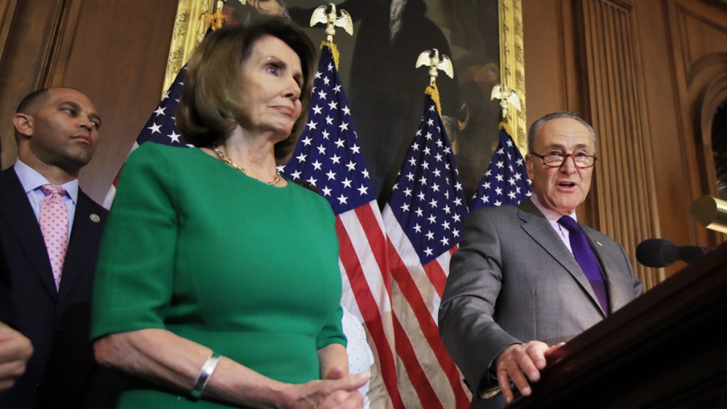 pelosi-schumer_1200x675 Senate Minority Leader Chuck Schumer of N.Y., right, with House Minority Leader Nancy Pelosi of Calif. and Rep. Hakeem Jeffries, D-N.Y., back left, speaks to reporters on Capitol Hi
