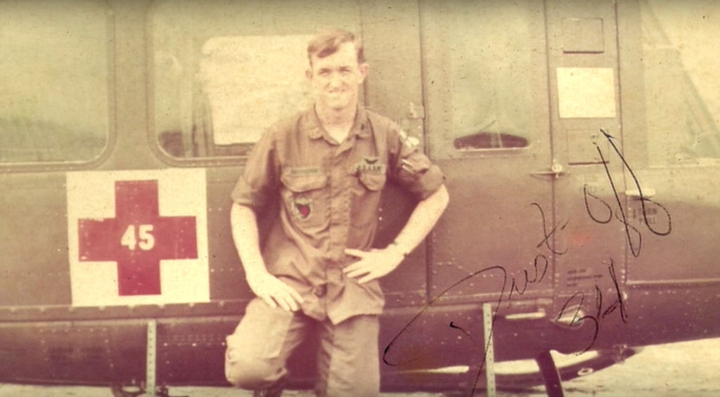 petersen Doug Petersen stands by a Huey medevac helicopter in Vietnam. (photo courtesy Doug Petersen)