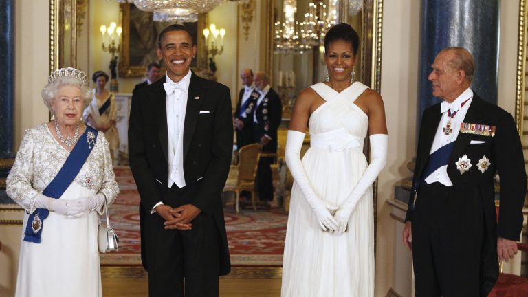 Former President Barack Obama, former first lady Michelle Obama, Queen Elizabeth II, and Prince Philip pose for photographs prior to a May 24, 2011, dinner hosted at Buckingham Palace in London. (Larry Downing/Pool photo via AP, file)