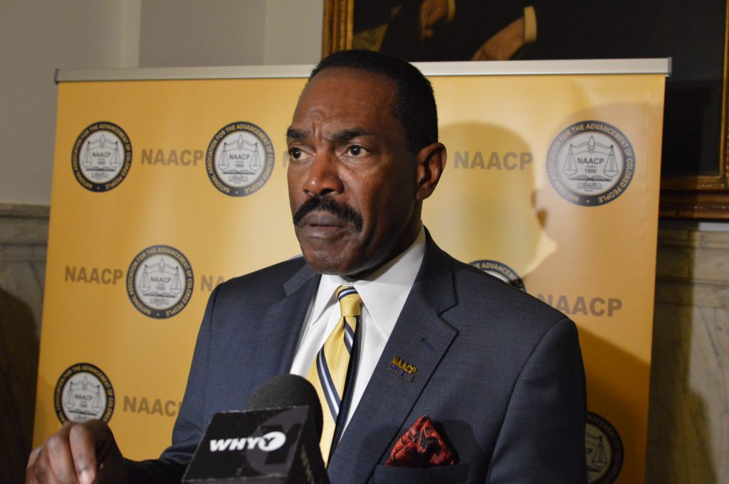 rodney-2 Philadelphia head of the NAACP Rodney Muhammad speaks at City Hall. (Tom MacDonald/WHYY)