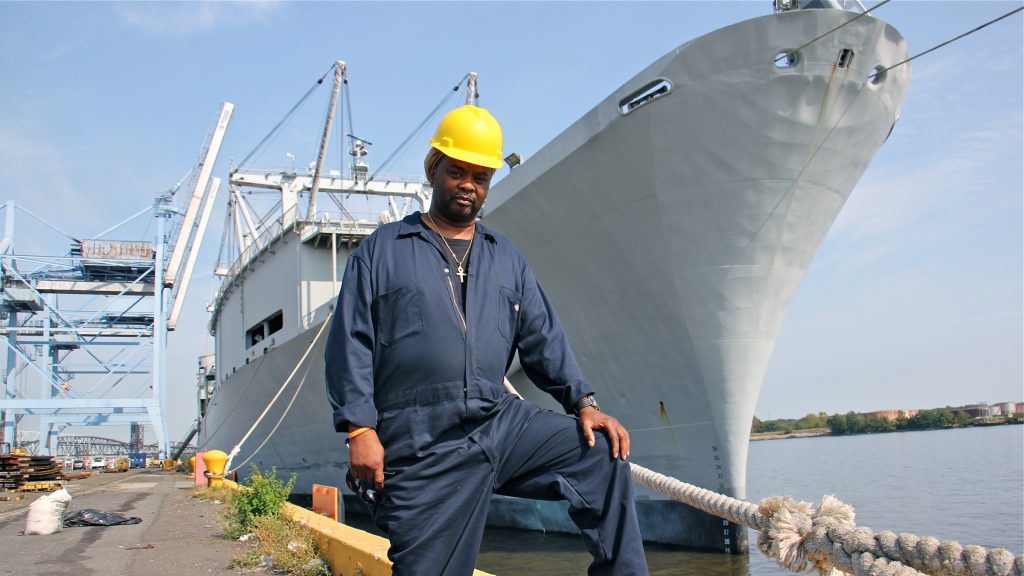 rodney-roberson Rodney Roberson will travel to St. Thomas aboard the S.S. Wright, shown here at Tioga Marine Terminal in Philadelphia after it was loaded with disaster relief supplies for the hurricane stricken island. (Emma Lee/WHYY)