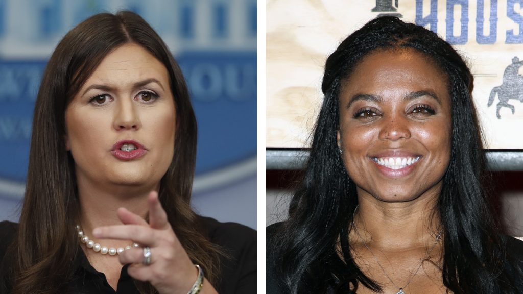 sanders-hill_1200x675 Left; White House press secretary Sarah Huckabee Sanders speaks during a news briefing at the White House, in Washington, Wednesday, Sept. 13, 2017. (AP Photo/Carolyn Kaster, file) Right: Jemele Hill attends ESPN: The Party 2017 held on Friday, Feb. 3, 2017, in Houston, Texas. (Photo by John Salangsang/Invision/AP, file)
