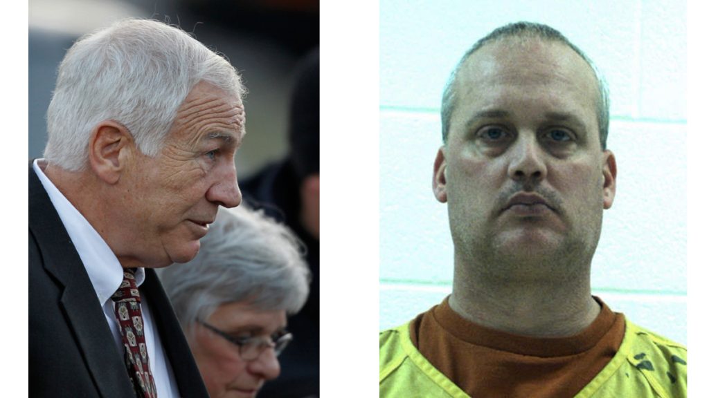 sanduskysx1200 Jerry Sandusky, and his wife, Dottie Sandusky (left), and an undated file photo provided by the Centre County Correctional Facility (right) shows Jeffrey Sandusky, the son of former Penn State University assistant coach Jerry Sandusky, who has pleaded guilty pressuring a teenage girl to send him naked photos and asking her teen sister to give him oral sex. (Matt Rourke and Centre County Correctional Facility/AP, file)