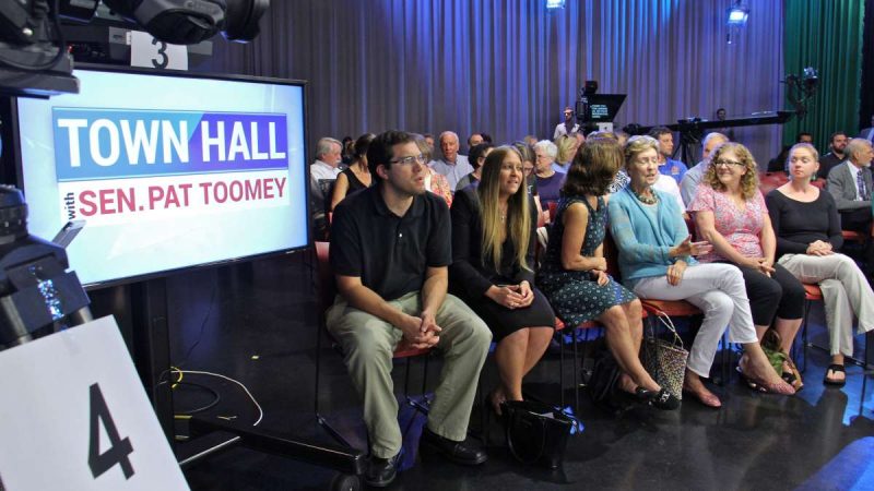 An audience of about 50 people gather for Sen. Pat Toomey's televised town hall at PPL Public Media Center in Bethlehem. (Emma Lee/WHYY)