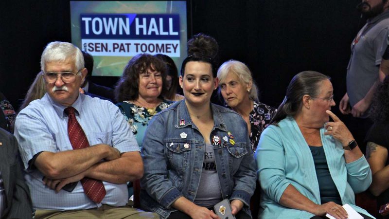 Fifty-four people were invited to Sen. Pat Toomey's town hall in Bethlehem. Twenty-four tickets were split among Republican and Democrat groups in the Lehigh Valley. The remaining 30 were made available to the public on a first-come, first-served basis. (Emma Lee/WHYY)