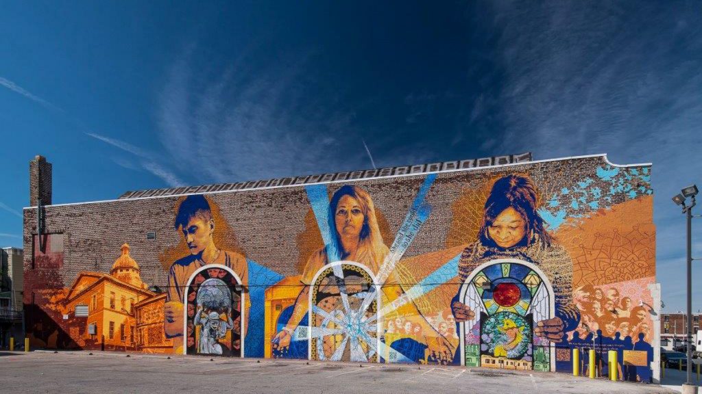  Patients from the Kirkbride Center were the muse and painters of this mural by Eric Okdeh, which portrays the stages of addiction recovery: contemplation, clarity and resilience. (Courtesy of Eric Okdeh) 