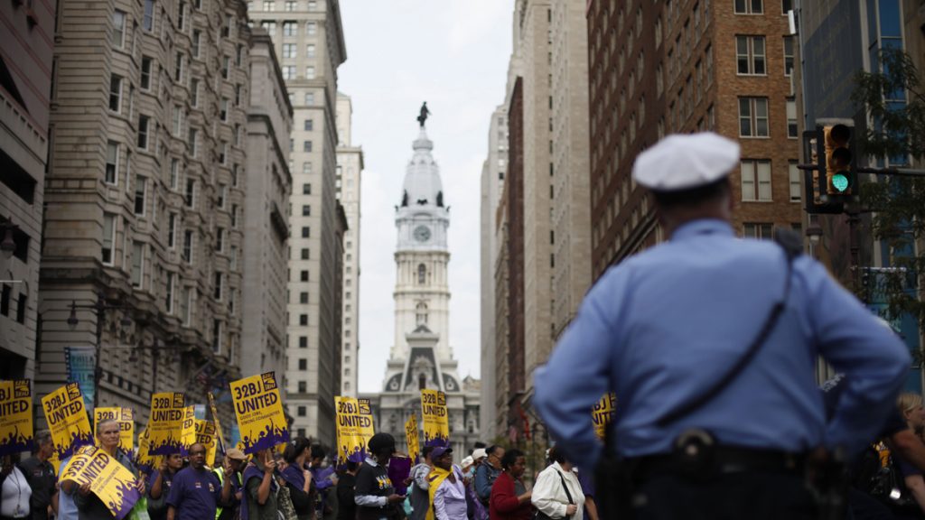 union_protest_file_1200 Members of Service Employees International Union march near City Hall in Philadelphia. (AP File Photo/Matt Rourke)