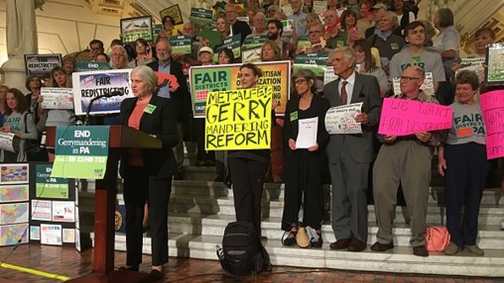 witfgerryx1200 In this 2017 photo, protesters in Harrisburg call on lawmakers to support redistricting reform. (Katie Meyer/WITF)