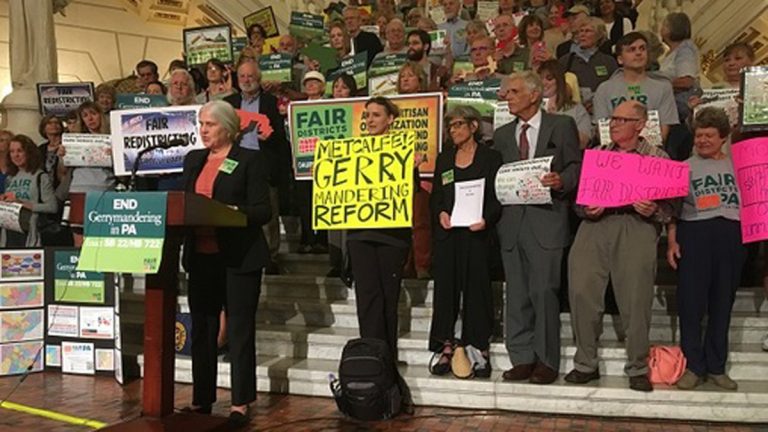 In this 2017 photo, protesters in Harrisburg call on lawmakers to support redistricting reform. (Katie Meyer/WITF) 