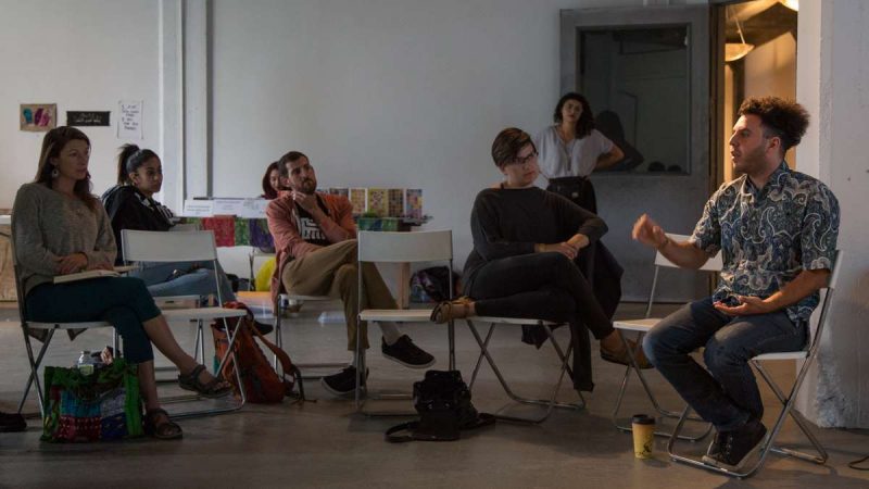Zein Hassanein gives a talk about ElectroShabbi music, which originated in Egypt, at YallaPunk 2017. (Emily Cohen for WHYY)