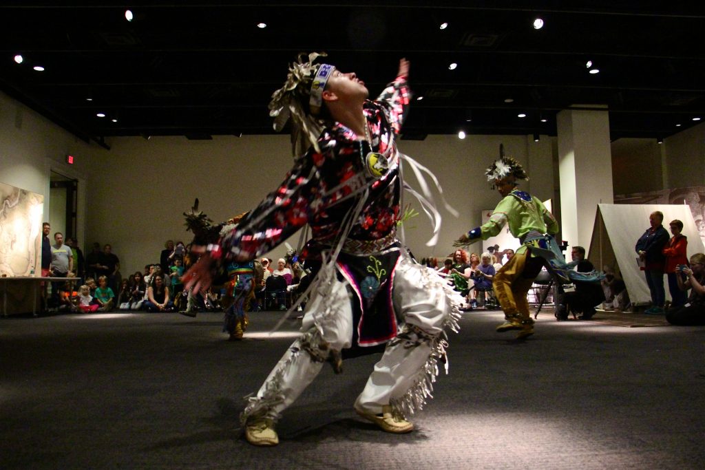 2017 10 09-e lee-aaron miller-philadelphia museum of the american revolution-longhouse singers and dancers Aaron Miller of the Seneca Nation performs a smoke dance with members of the Longhouse Singers and Dancers at the Museum of the American Revolution.