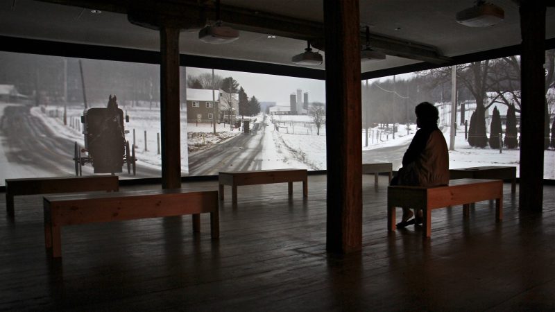 A gallery space, benches, video on screens