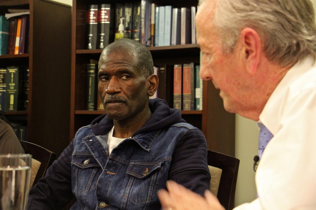 2017 10 26-e lee-kevin brinkley gerald dugan-philadelphia-prosecutor apology to juvie lifer Kevin Brinkley (left) listens to an apology from attorney Gerald Dugan, who 40 years ago prosecuted the murder case that got Brinkley a life sentence. Dugan has since changed his mind about Brinkley's role in the murder of Charles Haag