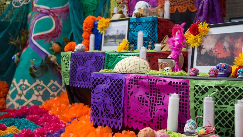a day of the dead altar is decorated with skeletons, photos, candles and brightly colored paper flowers