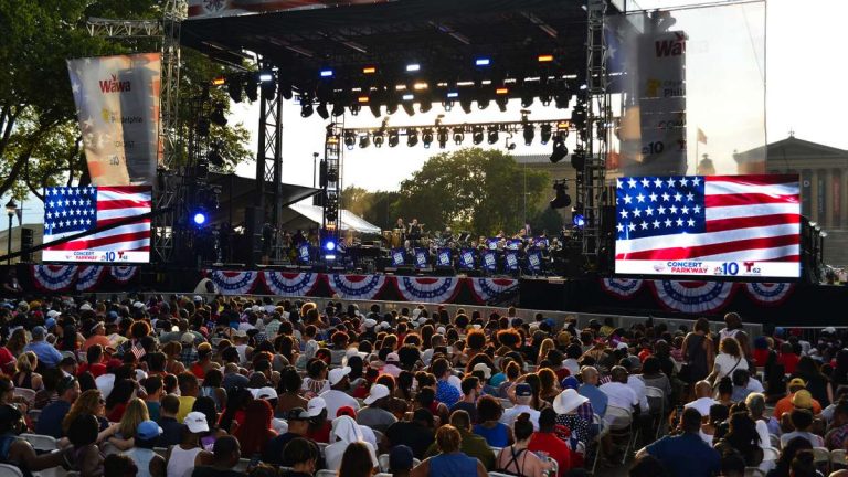The seated section of the audience enjoys the music during the Fourth of July concert on the Parkway.