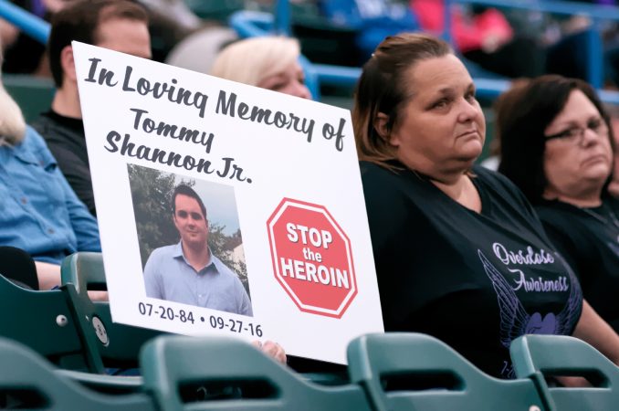 Overdose victims are remembered during the Regional Candlelight Vigil on October 14, 2017, at Camden Waterfront Stadium. (Bastiaan Slabbers for WHYY)