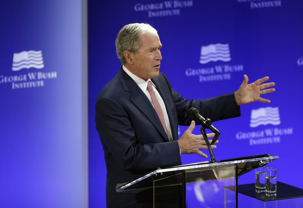 Former U.S. President George W. Bush speaks at a forum sponsored by the George W. Bush Institute in New York, Thursday, Oct. 19, 2017.