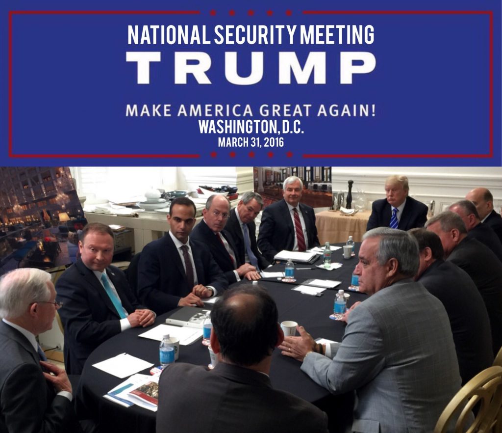 Trump Russia Probe In this photo from President Donald Trump's Twitter account, George Papadopoulos, third from left, sits at a table with then-candidate Trump and others at what is labeled at a national security meeting in Washington that was posted on March 31, 2016. Papadopoulos, a former Trump campaign aide belittled by the White House as a low-level volunteer was thrust on Oct. 30, 2017, to the center of special counsel Robert Mueller’s investigation, providing evidence in the first criminal case that connects Trump’s team and intermediaries for Russia seeking to interfere in the campaign.