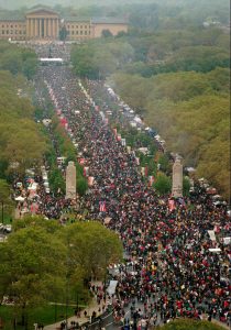 The Parkway, leading the the Art Museum is packed of people