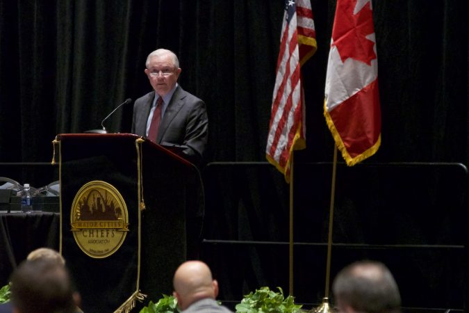 US Attorney General Jeff Sessions delivers his remarks on the Project Safe Neighborhoods during the Major Cities Chiefs Association Fall Meeting, at the Pennsylvania Convention Center in Center City Philadelphia, on Saturday October 21, 2017. (Bastiaan Slabbers for WHYY)