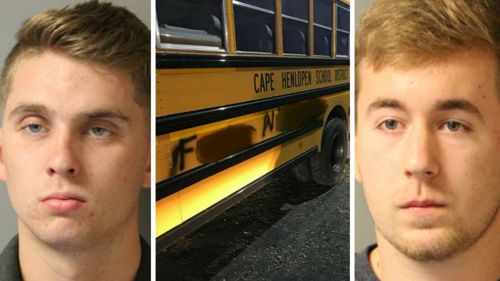 Bus mugs 2 Zachary Baughman (left) and Steven T. Swain were charged with spray painting graffiti with profane, racist slurs on two Cape Henlopen High school buses and other vehicles in the Lewes area. (Delaware State Police)