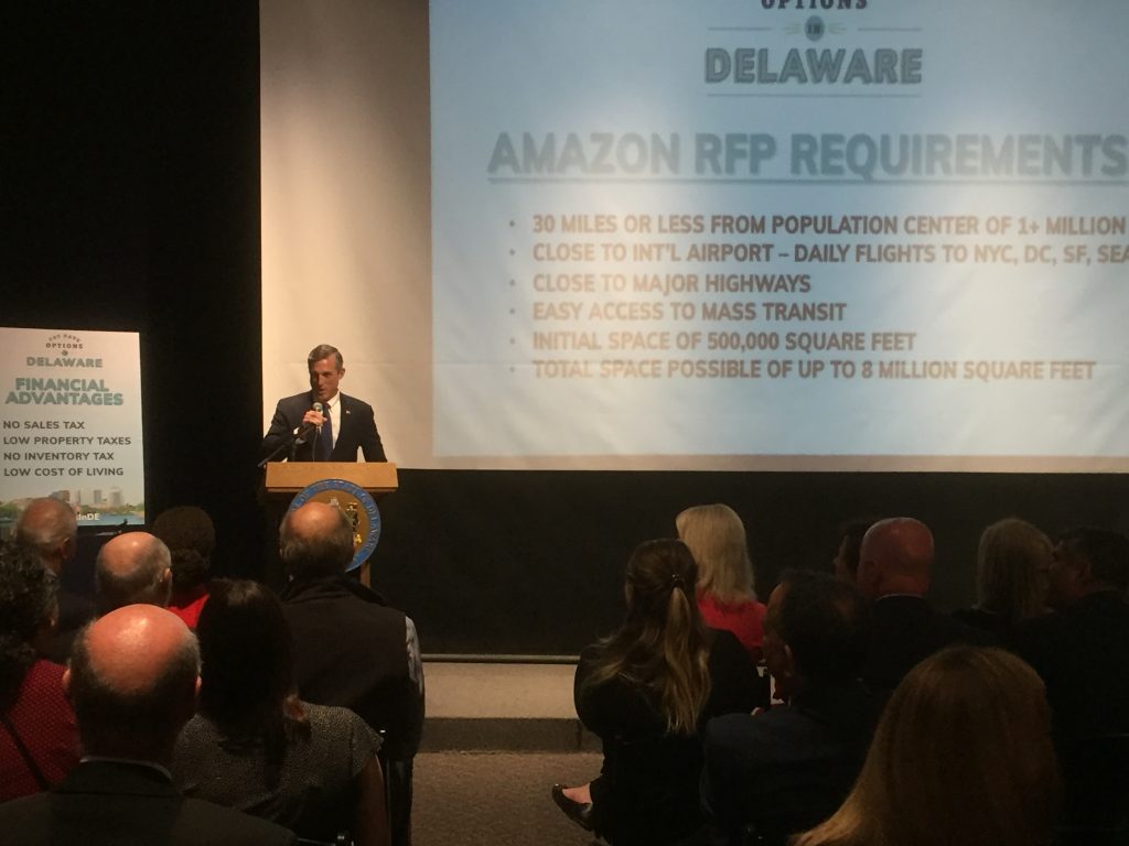 Gov. Carney Amazon proposal Gov. John Carney presented the state's pitch to Amazon to build their new headquarters at one of three northern Delaware sites. (Zoë Read/WHYY)