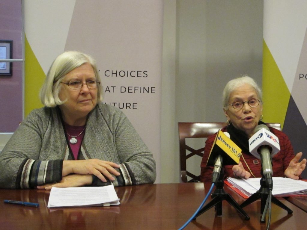 Cecilia Zalkind (left) and former New Jersey Chief Justice Deborah Poritz call for changes in the state's educational funding practice. (Phil Gregory/WHYY)