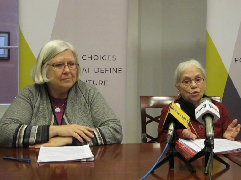 Cecilia Zalkind (left) and former New Jersey Chief Justice Deborah Poritz call for changes in the state's educational funding practice. (Phil Gregory/WHYY)
