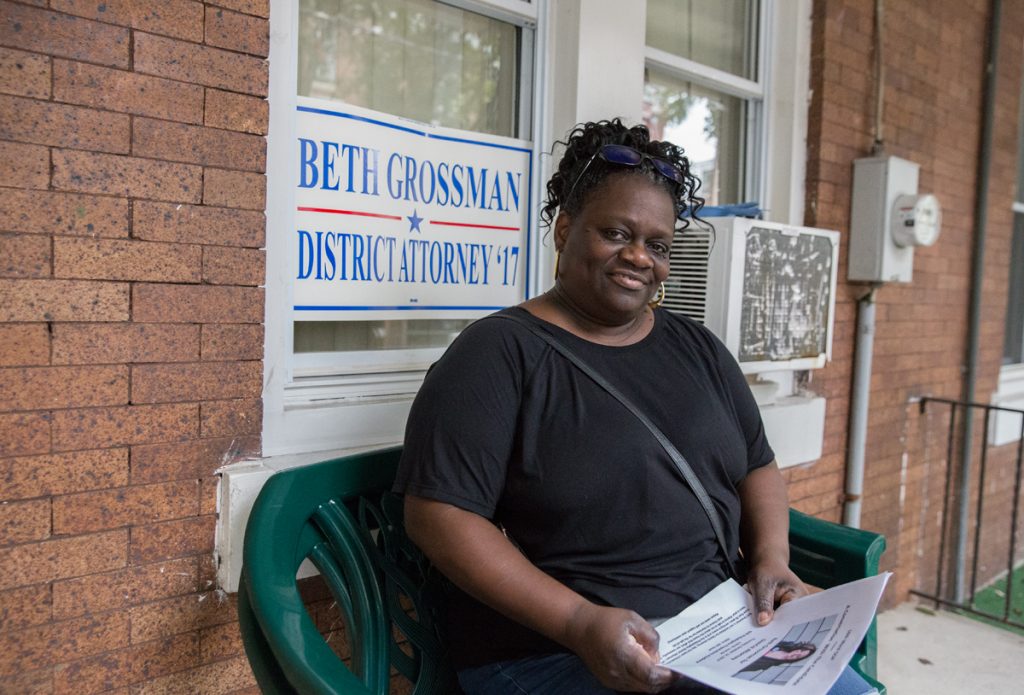 IVT04_daphne_goggins_1200 Daphne Goggins sits on her front porch in North Philadelphia in a 2017 file photo. She had been campaigning for Republican District Attorney candidate Beth Grossman. (Lindsay Lazarski/WHYY)