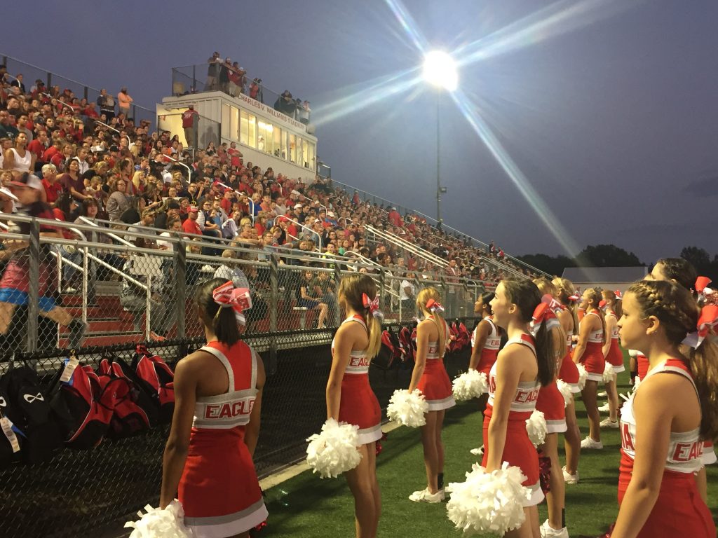 Smyrna High fans and cheerleaders before September 15 2017 game Smyrna High fans and cheerleaders gush with enthusiasm as the two-time defending state champion Eagles get ready to play their first home game in 2017. (Cris Barrish/WHYY)