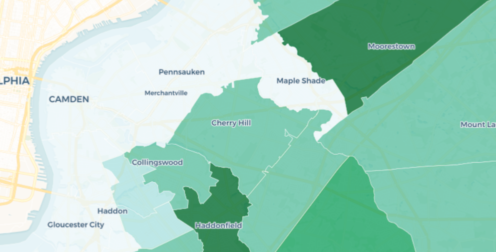 Screen Shot 2017-10-09 at 5.17.34 PM Areas in darker green rely more heavily on the state and local tax deductions. (Image from NJ Spotlight)