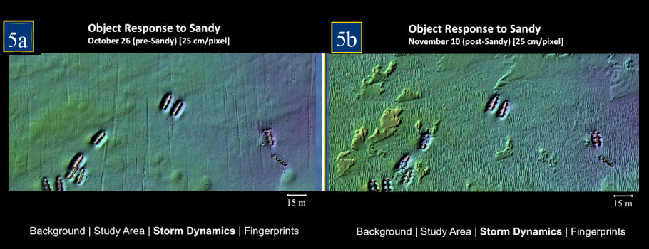 This map shows the before and after image of an artificial reef made of subway cars off the Delaware coast. (photo courtesy University of Delaware)