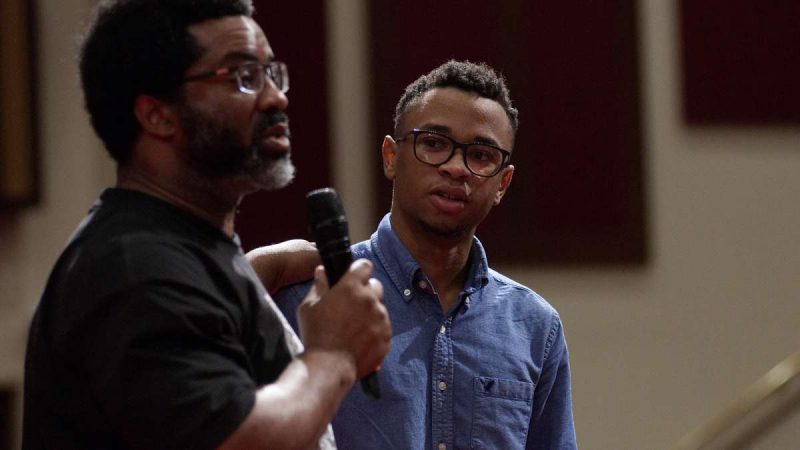 Sharif El-Mekki, principal at Mastery Charter School-Shoemaker during Courageous Conversations: Reimagining Race and Education forum at Enon Tabernacle Church, on Thursday night. (Bastiaan Slabbers for WHYY)