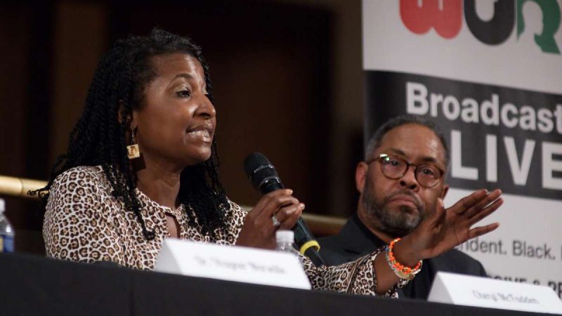 Cheryl McFadden, teacher at Randolph Tech. High School during Courageous Conversations: Reimagining Race and Education forum at Enon Tabernacle Church, on Thursday night. (Bastiaan Slabbers for WHYY)