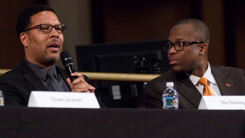 Otis Hackney, Chief Education Officer, City of Philadelphia; and Dr. Wagner Marseille, Superintendent of the Cheltenham School District during Courageous Conversations: Reimagining Race and Education forum at Enon Tabernacle Church, on Thursday night. (Bastiaan Slabbers for WHYY)