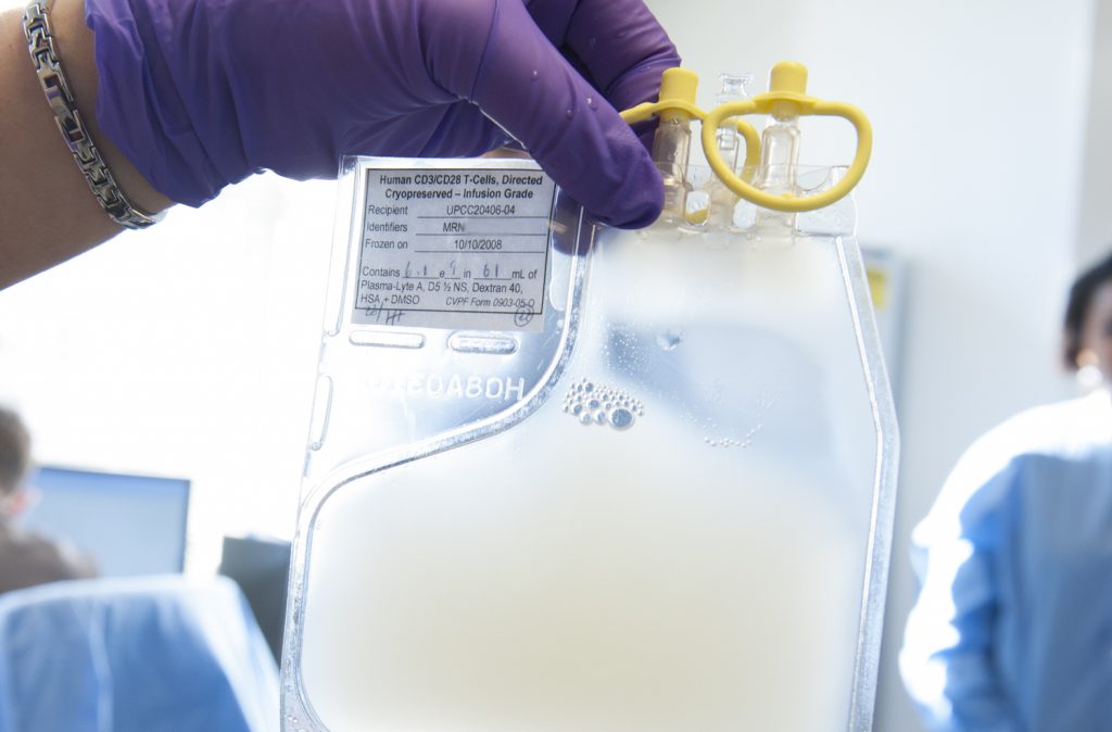 cart-t-cells A bag of genetically modified white blood cells ready to be transferred back to a cancer patient.