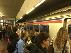 Evening rush hour commuters Suburban Station line up eagerly to get on their trains home.