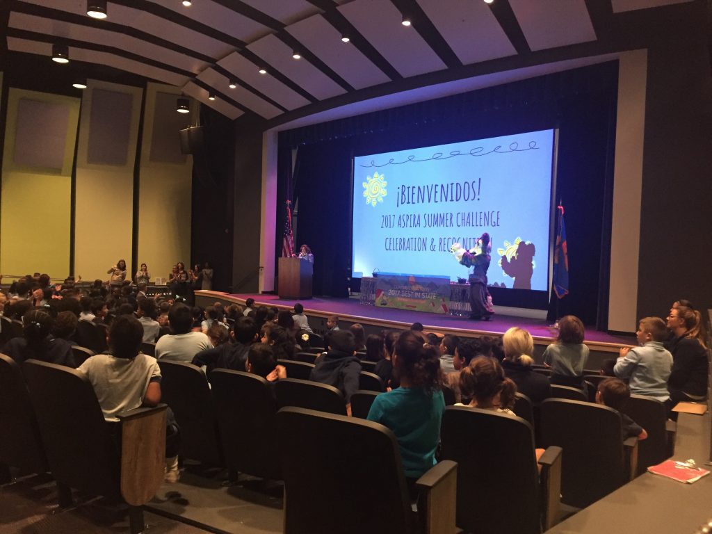 ASPIRA reading award Students at Las Americas ASPIRA Academyu, a Delaware charter school, gather in the new auditorium for the presentation of summer reading awards. Scholastic Inc. honored them as the best in Delaware. (Cris Barrish/WHYY)