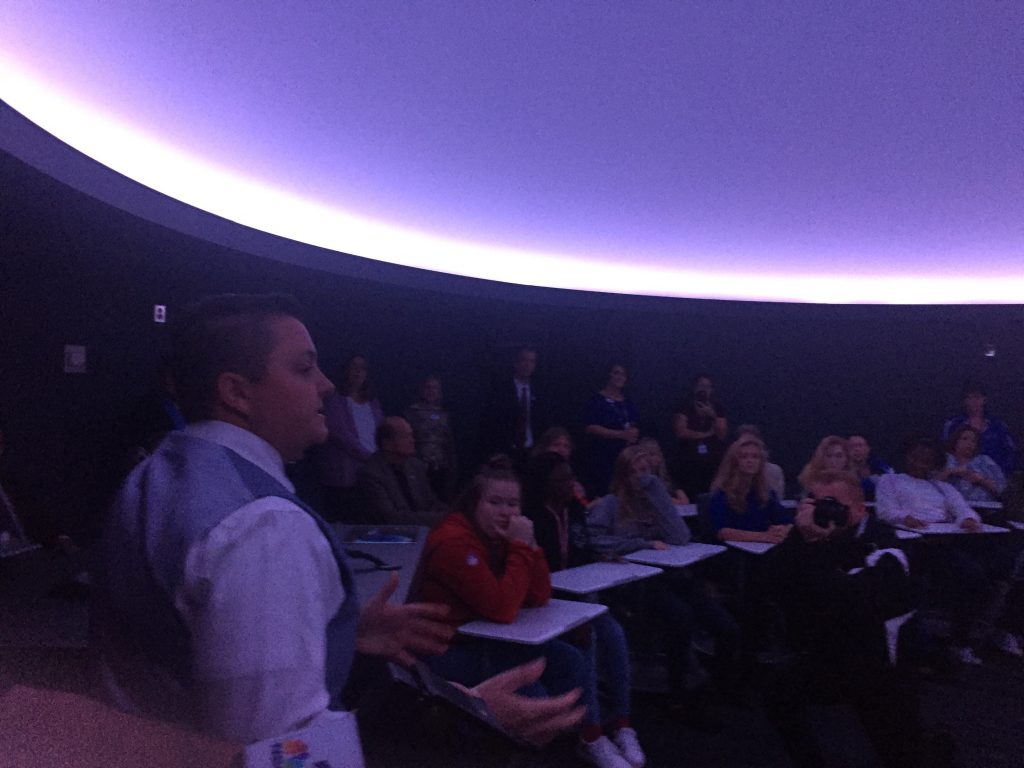 McCullough Middle School Teacher Karen Keys unveils the new IMAX-like planetarium, which replaces one mothballed a decade ago. 