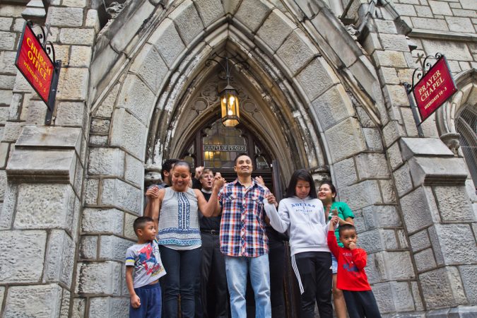 Javier Garcia Flores takes his first steps outside the First United Methodist Church on Arch Street in Philadelphia, where he’s live since November 2016. (Kimberly Paynter/WHYY)