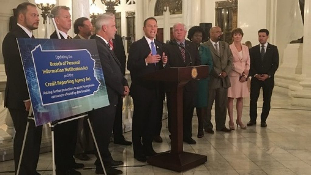 A bipartisan group of lawmakers and Attorney General Josh Shapiro, a Democrat, held a press conference to address the breach's impact on Pennsylvania. (Katie Meyer/WITF)