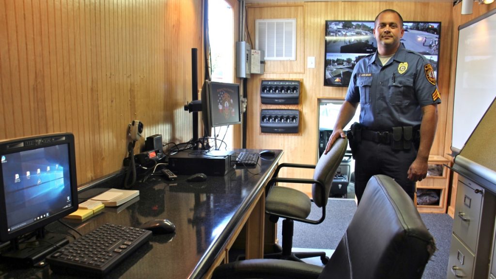l_2017-10-03-e-lee-jason-hoverman-new-jersey-bridgeton-mobile-police-substation Bridgeton Police Sgt. Jason Hovermann mans a mobile police substation the town will use to target troubled areas and improve community policing (Emma Lee/WHYY)
