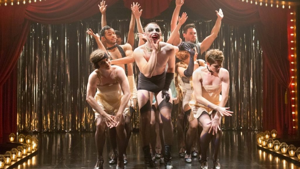 l_675-230 The Kit Kat Club players in Arden Theatre Company's production of 'Cabaret.' John Jarbow, the emcee, is in the middle. (Photo courtesy of Mark Garvin)