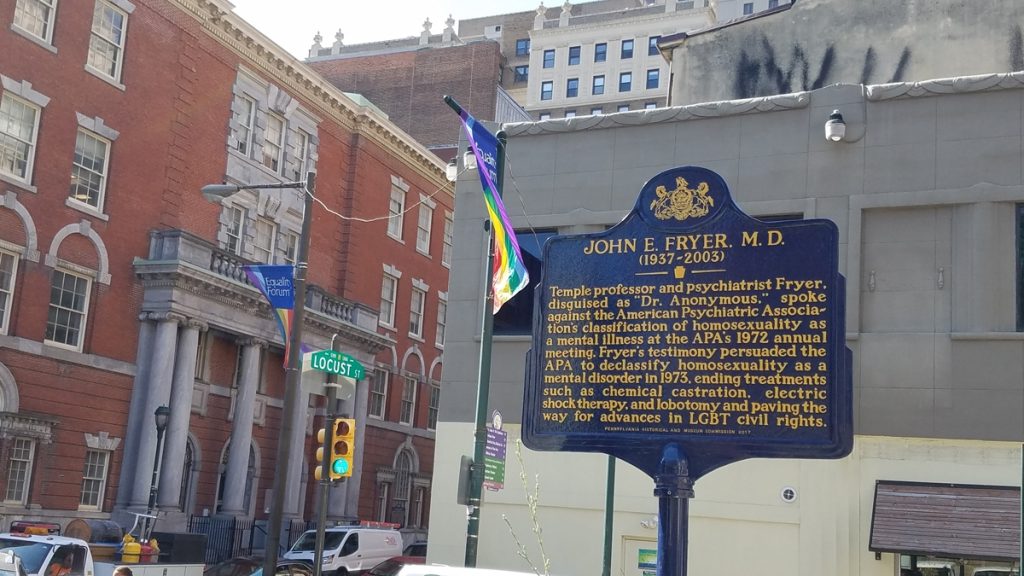 l_nwpcmarkerx1200 A new historical marker at 13th and Locust streets in Philadelphia commemorates Dr. John Fryer, aka Dr. Anonymous (Peter Crimmins/WHYY)