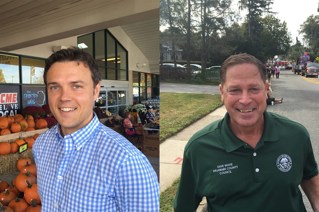 madden-white Delaware County council candidate Kevin Madden (left) was one of two Democrats to win seats on the five-member board, while the bid of Republican candidate Dave White (right) fell short. (Dave Davies/WHYY)