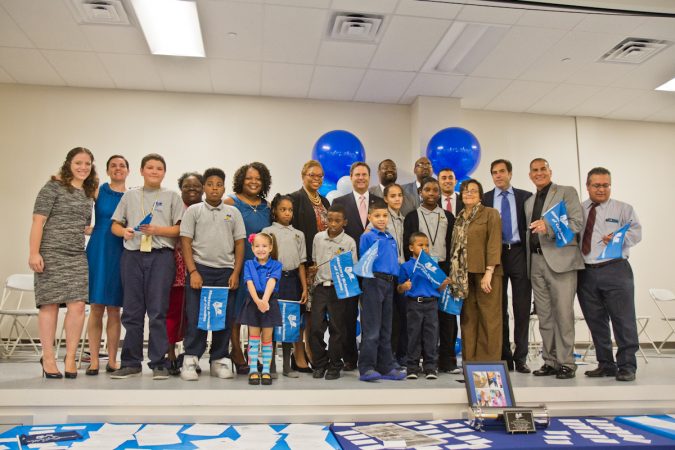 Officials and students at Mastery Cramer Hill Elementary school helped dedicate the new building in Camden Tuesday morning. (Kimberly Paynter/WHYY)