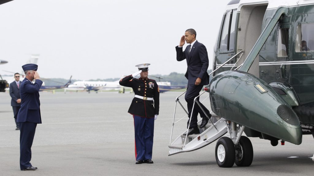 Barack Obama, Mark Camerer President Barack Obama salutes as he steps off of Marine One, at Dover Air Force Base, Del., Tuesday, Aug. 9, 2011, before meeting privately with families of 30 Americans killed in an International Security Assistance Force helicopter crash in eastern Afghanistan.