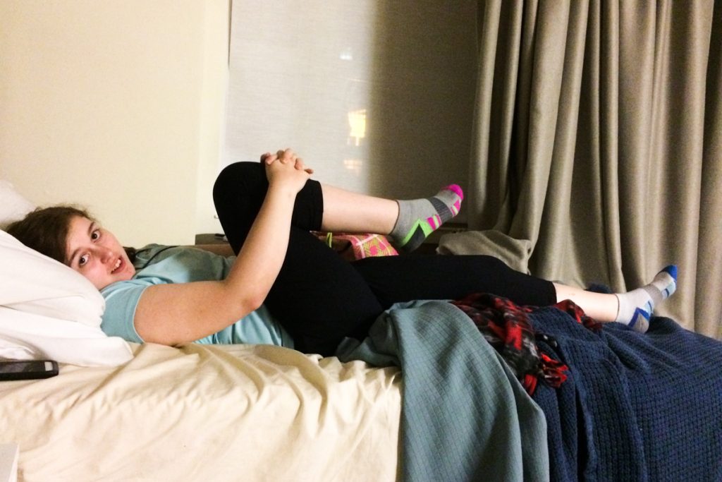 pain Savannah Fleeman was diagnosed with a form of amplified musculoskeletal pain syndrome. Here she stretches during therapy (Courtesy of the Fleeman family)