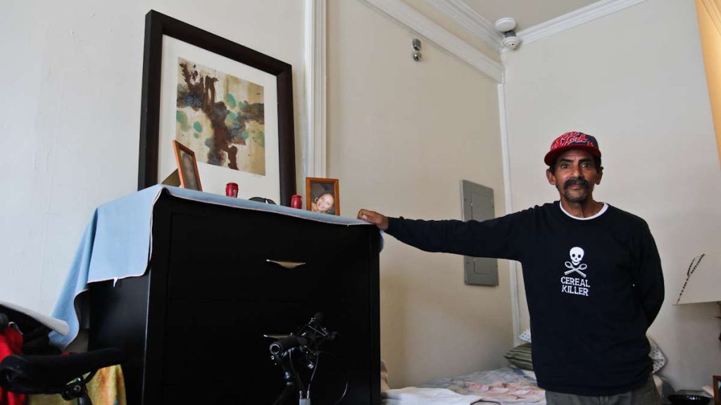 pathways_20171003_1530212523 Israel Reyes, 61, recently lived on the Conrail Train tracks in Philadelphia’s Kensington neighborhood. He recieved assistance to move into a studio apartment since the clean-up began. (Kimberly Paynter/WHYY)