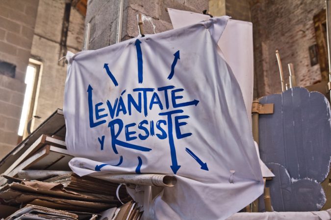 Banners that will be carried by community members at the Peoplehood Parade Saturday. (Kimberly Paynter/WHYY)